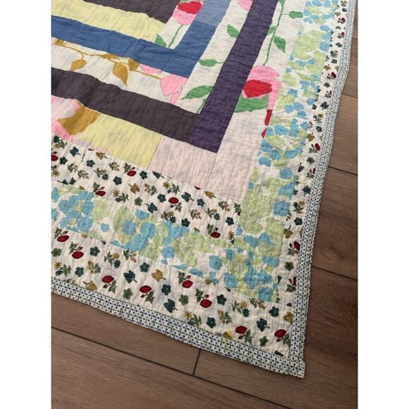 Vintage Hand Quilted Log Cabin Housetop Quilt Concentric Squares Abstract 6x7 - Picture 11 of 16